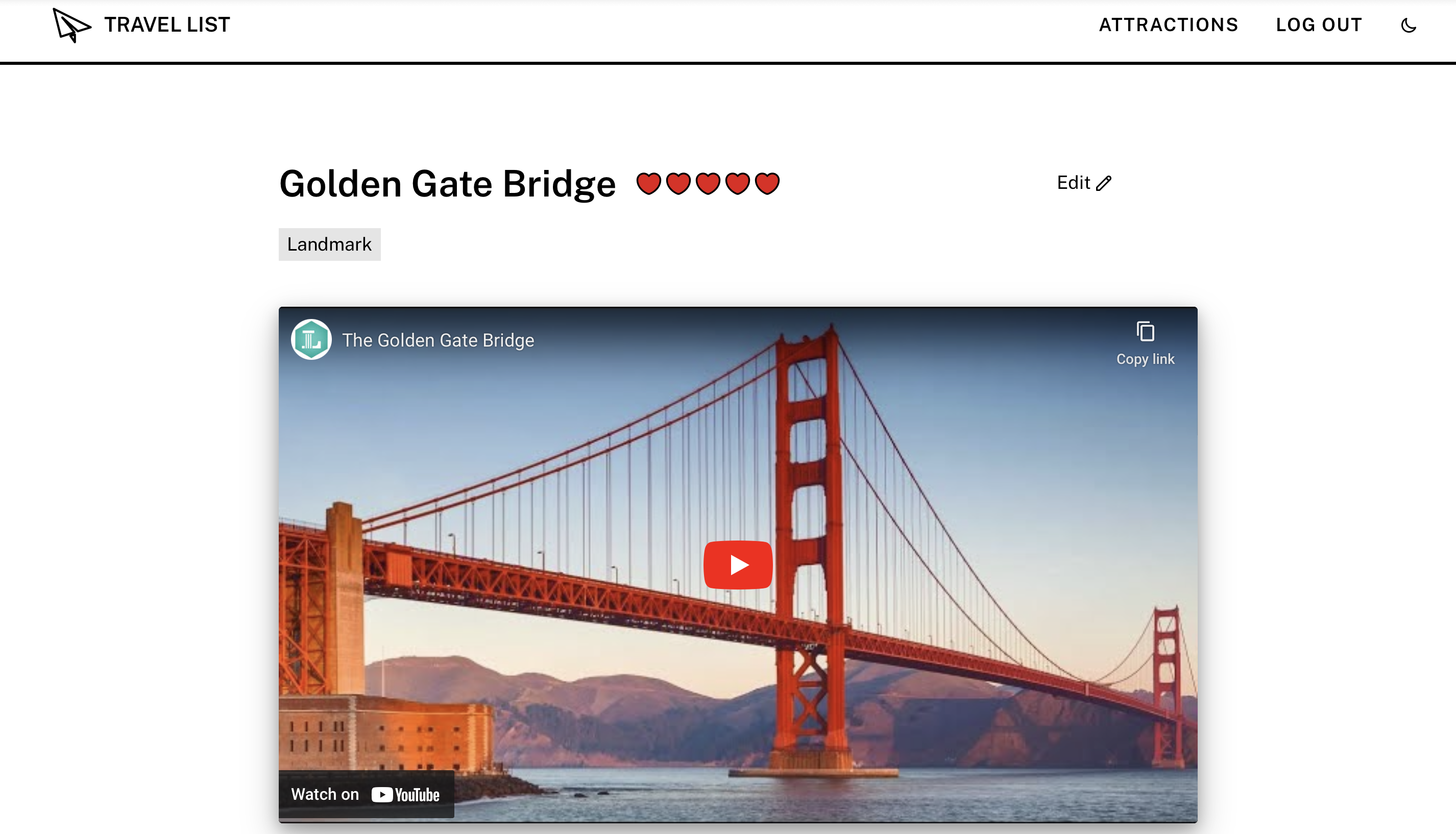 The screenshot of the Travel List project