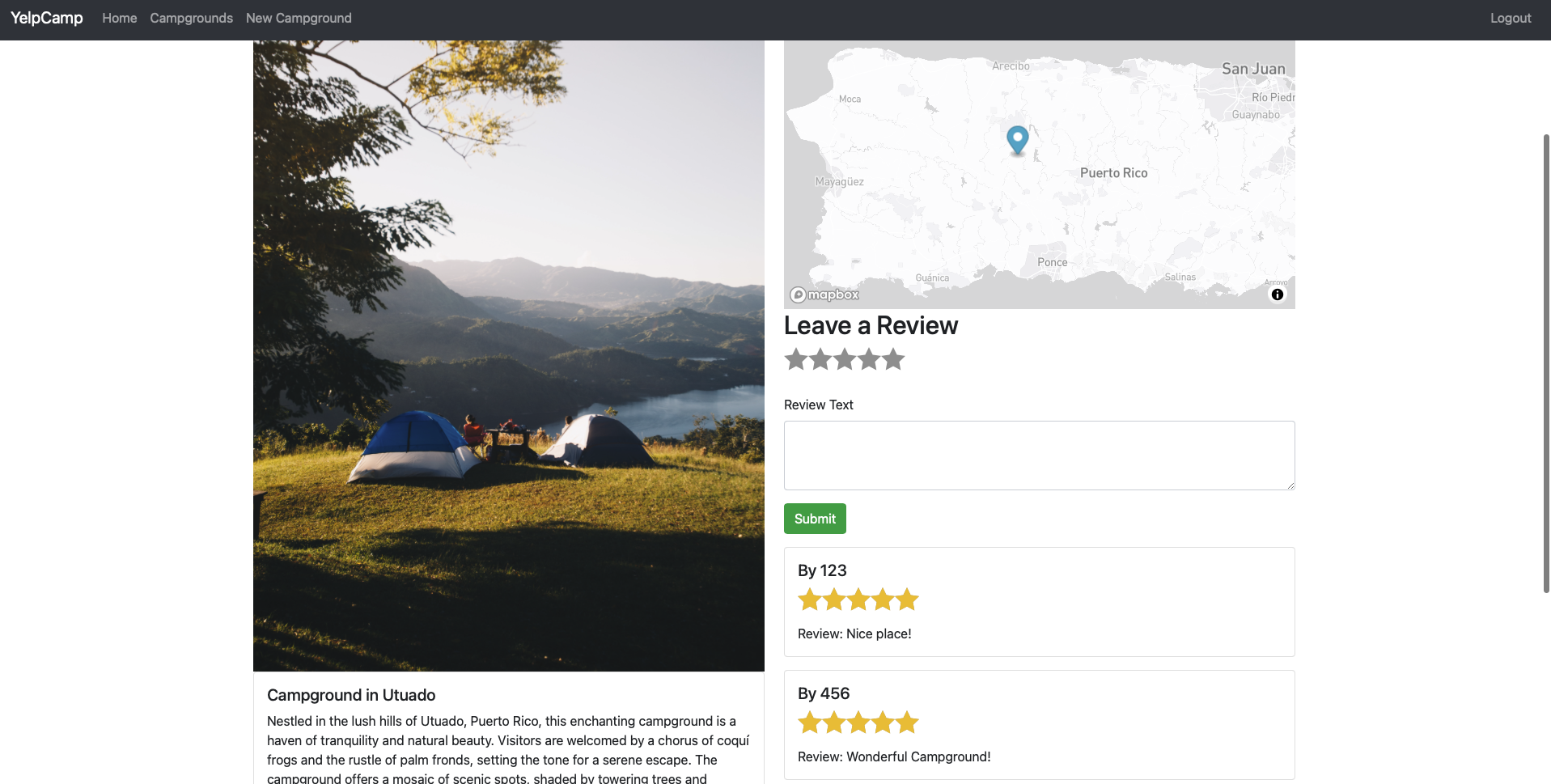 The screenshot of the Yelp Camp project